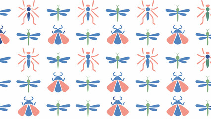 seamless pattern, intricate dragonfly illustrations, colorful wings, repetitive arrangement, minimal flat design, vibrant hues, whimsical nature motifs, blue and orange silhouettes, graphic drawing st