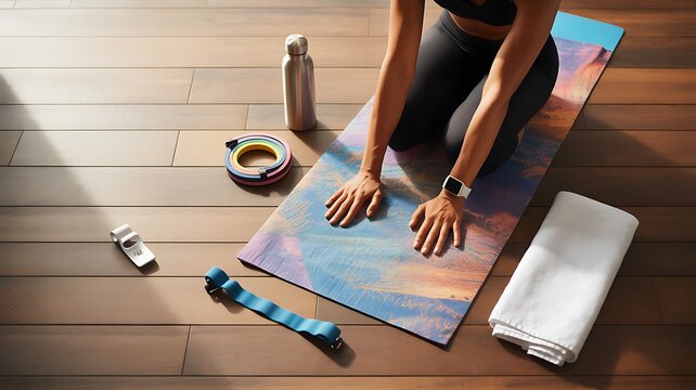 At-Home Plus-Size Workout Gear, Woman practicing yoga on floor mat with accessories