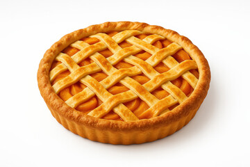 Lattice peach pie close-up with golden crust and peach filling on white background. Ideal for recipe books, bakery ads, packaging, and seasonal food promotions.