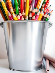 Colorful pencils in a silver bucket representing creativity and artistic tools