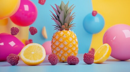 Colorful tropical fruit composition with balloons on yellow background for summer visuals photography bright freshness