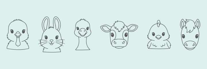 Farm animals like baby turkey (poult), baby rabbit (kit), baby goose (gosling), baby cow (calf), baby chicken (chick), and baby pony (foal) hand drawn vector outline icons.