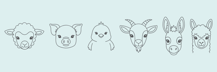 Farm animals like lamb, piglet, chick, baby goat (kid), baby donkey (foal), and baby alpaca (cria) hand drawn vector outline icons.