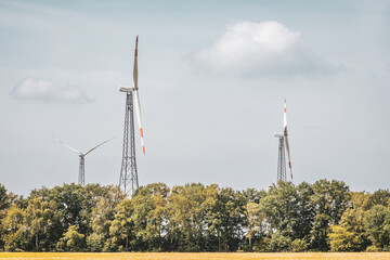 Wind Turbines with Wheat Field and Forest &ndash; Renewable Energy in Bramsche-Achmer, Germany