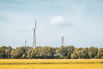Wind Turbines with Wheat Field and Forest &ndash; Renewable Energy in Bramsche-Achmer, Germany