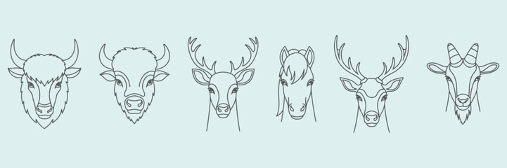 Farm animals like yak, bison, deer, elk, pony and boar goat hand drawn vector outline icons.
