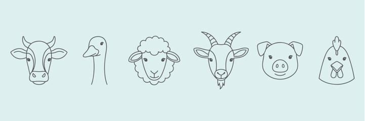 Farm animals like pork, hen, cow, sheep, goat and goose hand drawn vector outline icons.