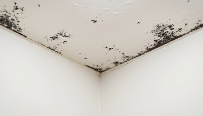 Mold growth on ceiling corner in empty white room  