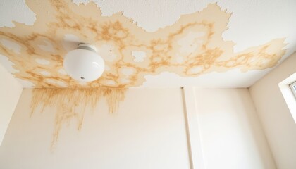Water damage stains on ceiling with light fixture in empty room  