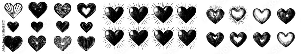 Poster retro style black and white block prints featuring hearts in a linocut print style are ideal for rom
