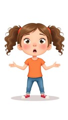 Fototapeta premium Young girl expressing surprise with hands raised in orange shirt 