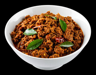 a bowl of rendang isolated on a black background