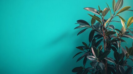 Leafy green plant against solid cyan background for botanical nature photography concept visuals minimal vibrant decor style