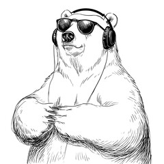A contemporary illustration of a bear that is cute, wearing sunglasses and headphones