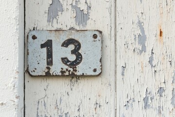 Number 13 on weathered white wooden door.  Rust-colored metal plate with dark numerals