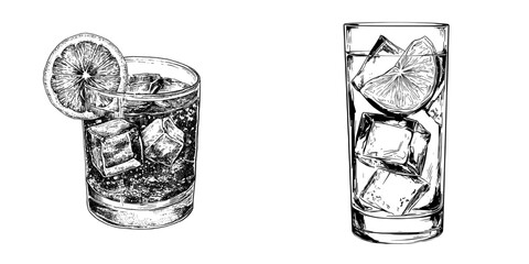 Illustration of a lemon iced tea glass created with black and white ink