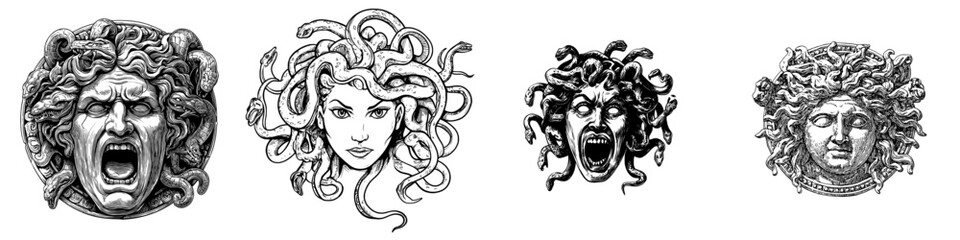 Modern black and white illustration of a scary medusa head design