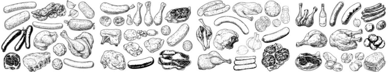 Fototapeta na wymiar A modern illustration of fresh raw meat collection is presented in a sketch style, featuring hand drawn isolated design elements of various food items, including pieces of beef steak, ham, pork