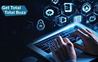 Hands typing on a laptop with digital icons.  Interactive technology,  visualizing communication and data management tools