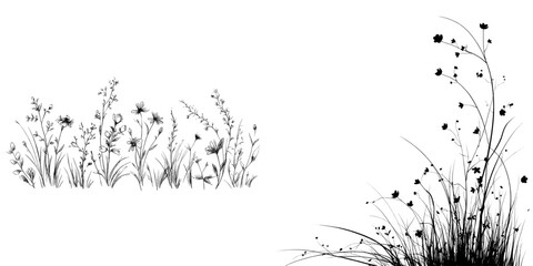 The illustration includes a grass line icon and meadow doodle outline design, along with a bush tuft, small lawn, and a black sketch plant with flowers, all isolated on a white background with a