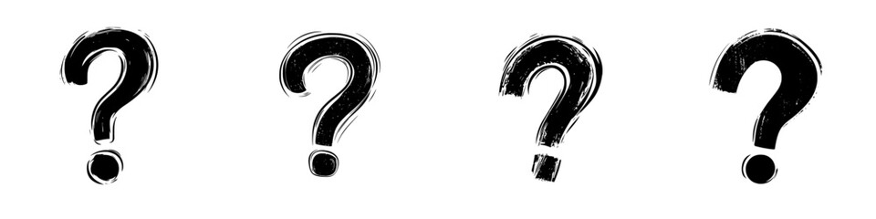 Modern illustration of a question mark in grunge brush stroke style, along with a question and answer mark black icon, isolated on white background