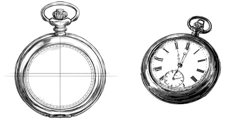 A pocket watch is depicted in a detailed close-up using black and white outline line art in an engrave style drawing