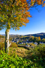 View of Gerhardstein Castle in Gerolstein. Historic Löwenburg Castle with the surrounding landscape in the Eifel region.
