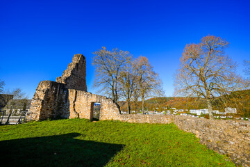 View of Gerhardstein Castle in Gerolstein. The historic Löwenburg castle with the surrounding landscape in the Eifel region.
