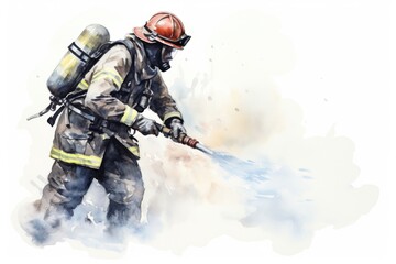 Fototapeta premium Firefighter spraying water firefighter helmet adult.