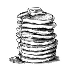 A sketch-style illustration of a stack of pancakes with syrup and butter