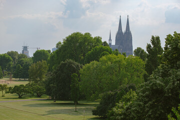 View on Rheinpark of Cologne with famous Cathedral in the background