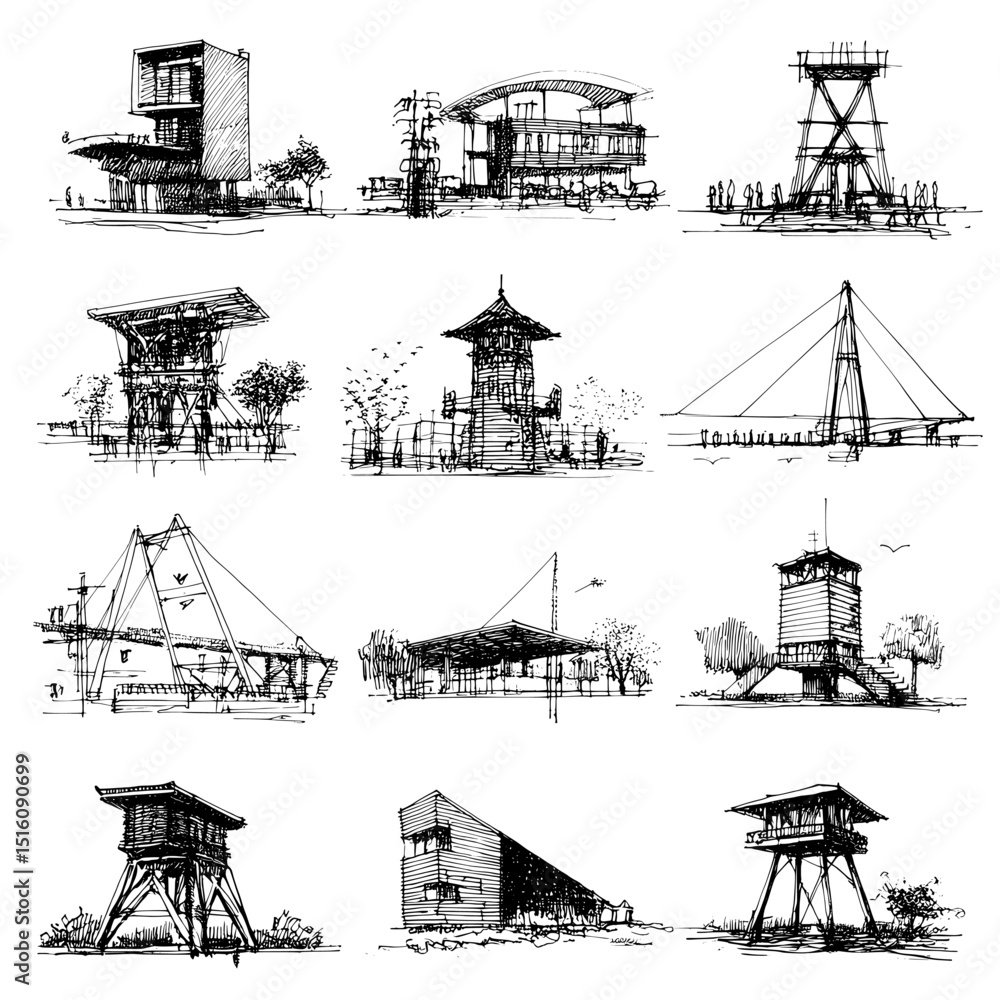 Poster black and white architectural sketches in an abstract style are presented in a grid, highlighting va