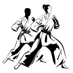 Logo with a black and white design of taekwondo and karate athletes wearing kimono attire
