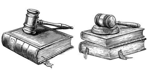 A vintage black and white outline drawing of law and justice in a classic style, featuring a gavel and book