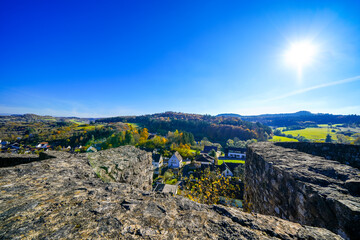 View of Gerhardstein Castle in Gerolstein. Historic Löwenburg Castle with the surrounding landscape in the Eifel region.
