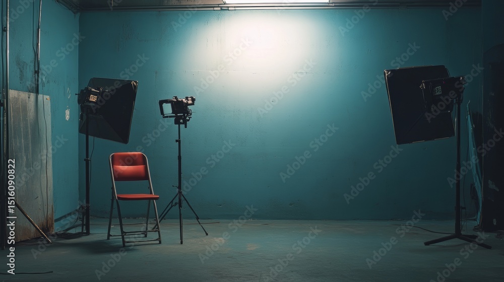 Poster empty photography studio with lights and backdrop for professional production concept visual content