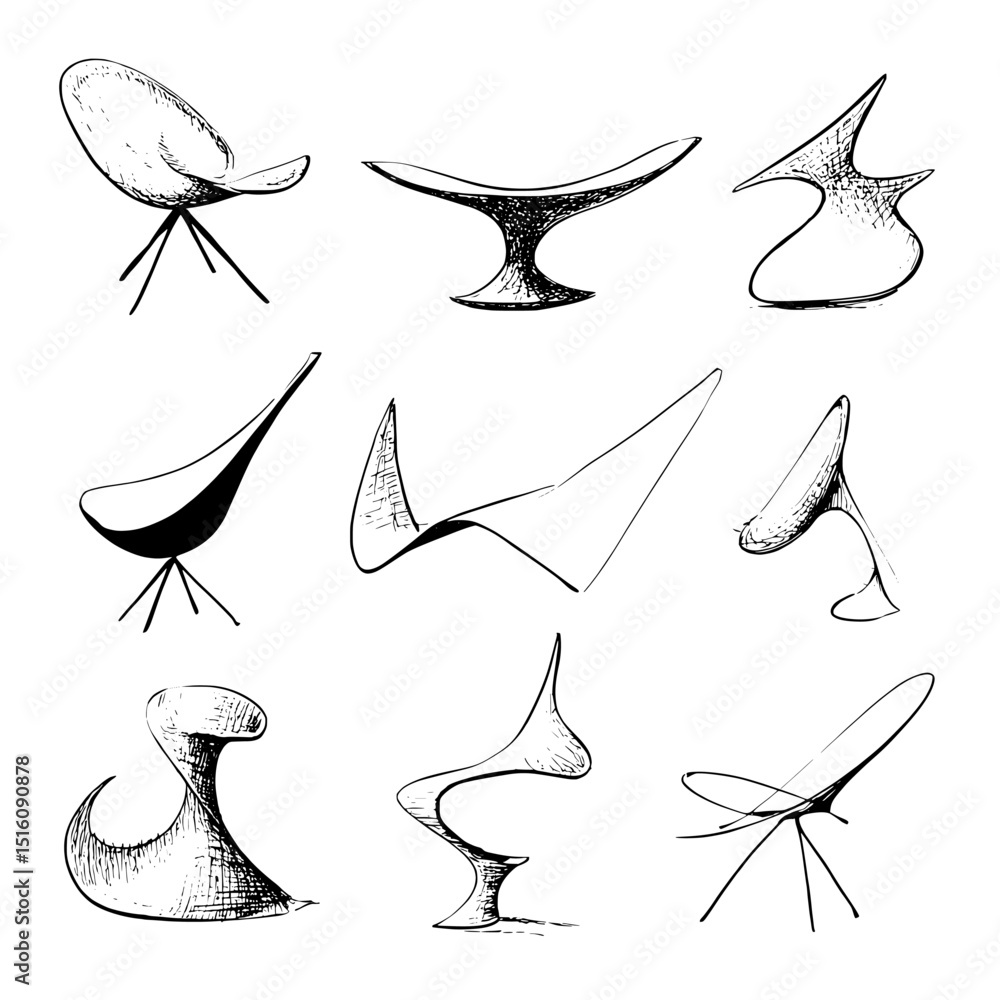 Poster hand-drawn illustrations of abstract shapes in a modern style emphasize fluid curves and dynamic for