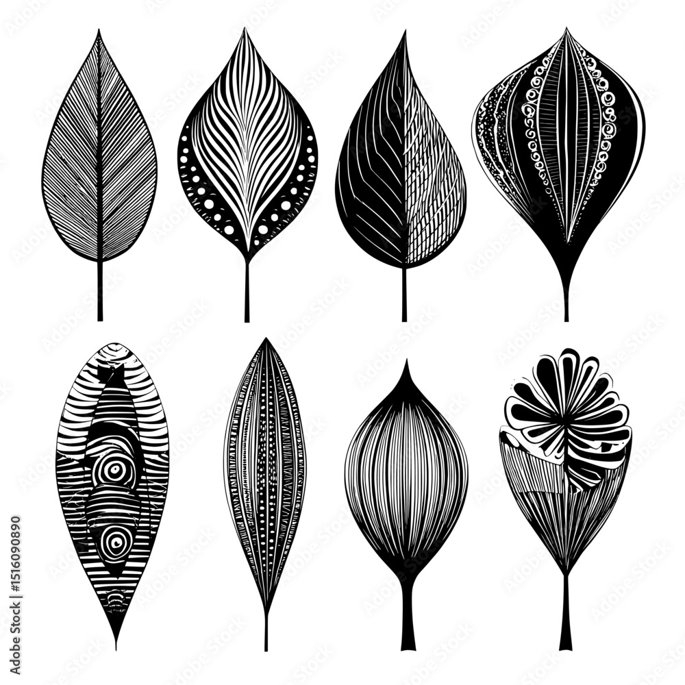 Aufkleber monochrome illustrations of leaves display intricate patterns and diverse shapes in detailed botanic