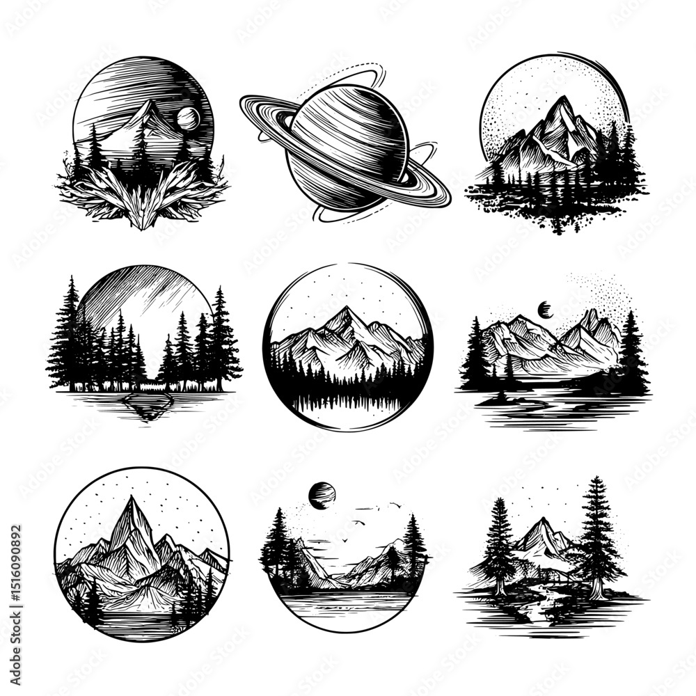 Poster the modern illustration, rendered by hand, displays an array of saturn renditions hovering above var