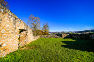 View of Gerhardstein Castle in Gerolstein. The historic Löwenburg castle with the surrounding landscape in the Eifel region.
