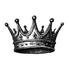 A vintage line art style illustration of a crown is shown as a black and white outline engraving, with the appearance of a scratch board, on a white background