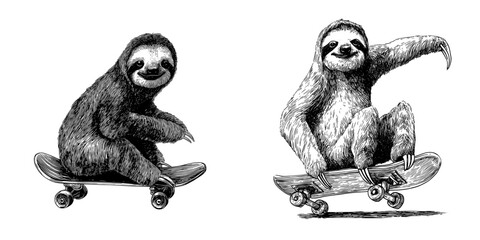 A sketch of a sloth riding a skateboard is presented in a black and white outline engraving style, mimicking a scratch board