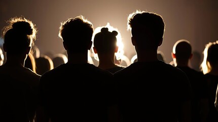 Silhouetted figures face forward, bathed in bright light, suggesting a large crowd, concert vibe