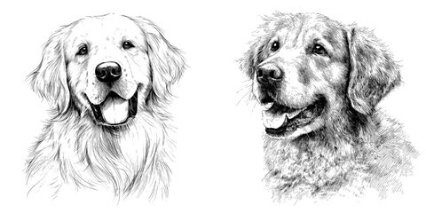 Modern hand drawn illustration of a black Golden Retriever dog's ink sketch on a line art drawing background