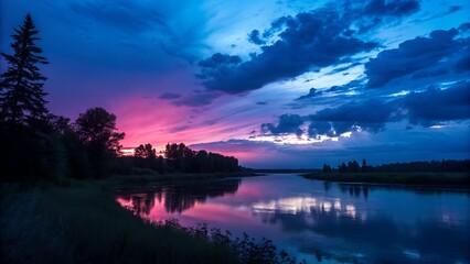 Fototapeta premium Sunset Symphony: A tranquil lake reflects a breathtaking canvas of colors painted across the sky, with shades of pink, purple, and blue creating a mesmerizing symphony of light and serenity.