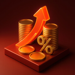 Increasing profits and financial growth are represented by golden coins and upward arrow, symbolizing success and investment opportunities