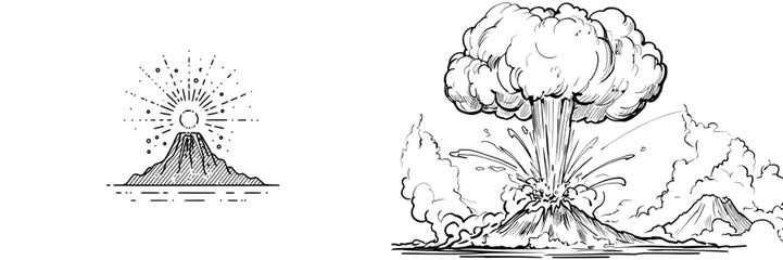 A minimalist line art icon of a volcano is represented by a single, thick line for the mountain and a small cloud symbolizing a plume of smoke escaping from its top