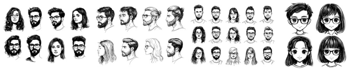 Plakat A modern set of black ink sketch avatars of human faces is available, featuring young men and women with glasses and various hairstyles, outlined in portraits of boys and girls with a hipster