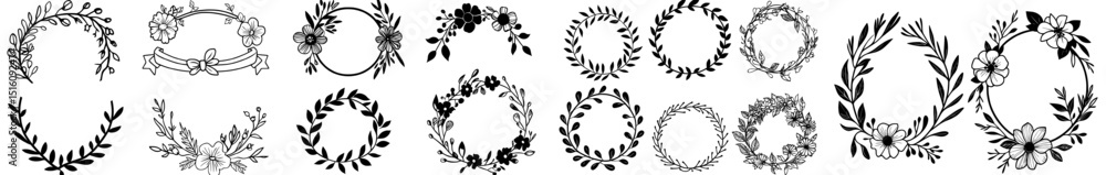 Poster create a botanical circle frame with doodle elements, featuring a hand-drawn round line border, leav