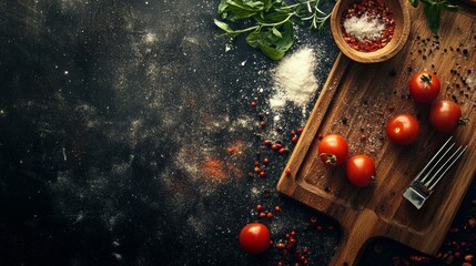 Cooking ingredients and utensils on table for food preparation background topdown rustic culinary kitchen editorial